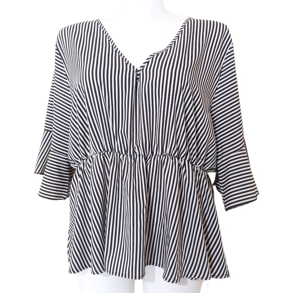 Shein Plus Size 5X Black & White Striped Ruffle Peplum V-Neck Casual Blouse - Picture 1 of 12